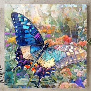 Skurrile irisierende Schmetterling Kunst Leinwand, Boho Hippie Wandkunst, fertig zum Aufhängen Dekor, Schmetterling Wand Leinwand, große quadratische Wandkunst