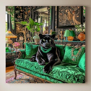 Vintage Maximalist Panther Art Canvas Wall Art, Unique Art Gifts, Jungle-Inspired Decor, Emerald Green Panther Print for Living Room