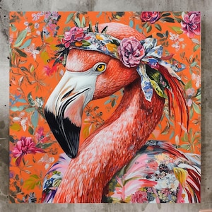 Floral Flamingo Wall Art, Animal Wall Canvas, Colorful Wall Art, Square Wall Art, Large Wall Art, Above Bed Art, Trendy Wall Art, Home Decor