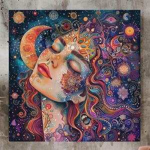 Celestial Woman Framed Wall Art, Mystical Goddess Canvas, Whimsical Witchy Art Print, Lunar Lady Poster Boho Decor, Celestial Digital Print