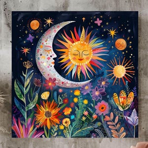 Himmlische Blumenwandkunst, neues Zuhause Geschenk, kosmische Kunst Digitaldruck, Sonne und Mond Poster, mystische Dekoration, Boho-Wanddekoration, himmlischer Druck