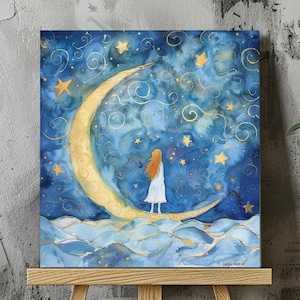 Beautiful Moon and Girl Canvas Art, Dreamy Cosmic Night Sky Painting Wall Decor, Cosmic Printable Art, Celestial-themed Poster