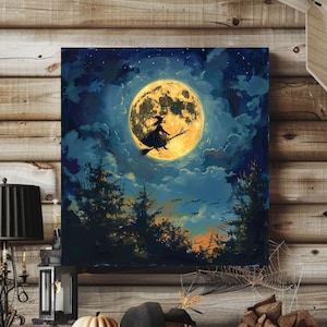 Full Moon Flying Witch Halloween Wall Art Printable Witch Halloween Rustic Halloween Decor Wiccan Halloween Painting New Age Witch Wall Art