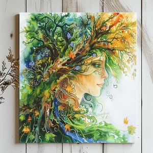 Mother Nature Goddess Framed Wall Art Canvas, Mother Gaia Earth Artwork, Pagan Forest Spirit Print, Mystical Nature Art