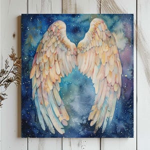 Watercolor Angel Wings Canvas Wall Art Print, Pastel Angel Wings Illustration, Abstract Angel Wing Painting, Angel Gift, Angel Printable Art