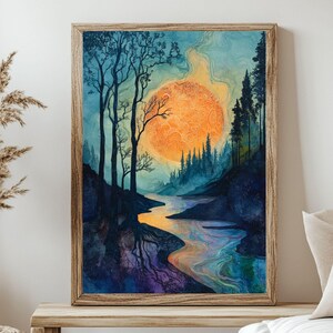 Enchanted Woodland Wall Art, Mystical Forest Landscape Print, Fairytale River Sunset Canvas, Natural Wooden Framed Canvas, Boho Nature Decor
