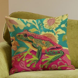 Pink Frog Throw Pillow, Colorful Tropical Cushion, Whimsical Frog Pillowcase, Bright Cottagecore Decor, Frog Lover Gift