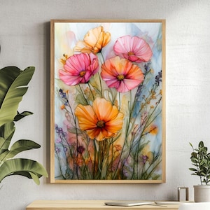 Alcohol Ink Wildflowers Wooden Framed Canvas Art, Vibrant Floral Abstract Wall Decor, Colorful Botanical Painting, Framed Art