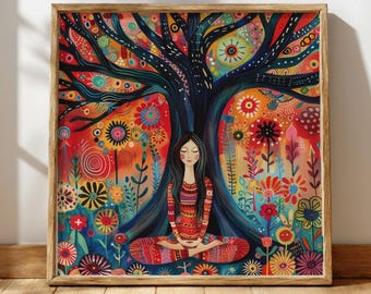 Meditation Tree Wall Art, Whimsical Boho Canvas, Colorful Spiritual Print, Mystical Goddess Artwork, Vibrant Nature Home Decor