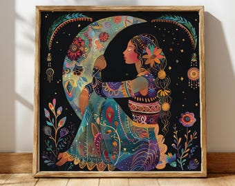 Cuadro decorativo "Abrazo Lunar", lienzo de diosa bohemia, lámina mágica de la luna celestial, obra de arte mística femenina, decoración cósmica espiritual.