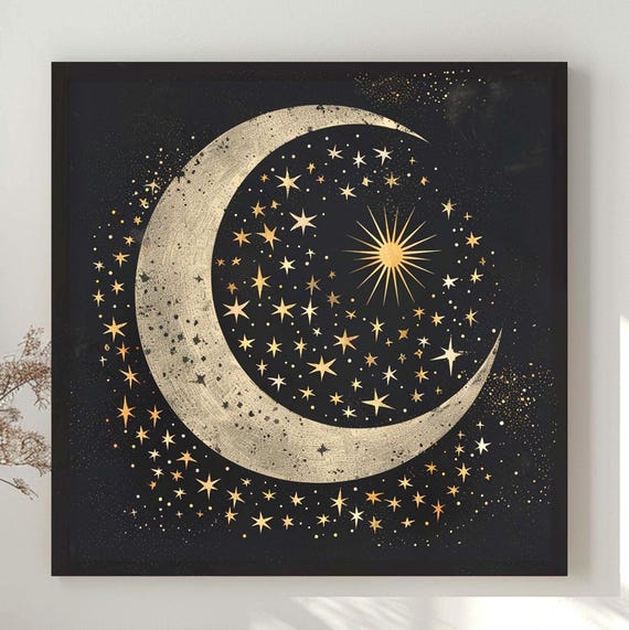 Celestial Stars and Moon Mystical Canvas Wall Art Home Decor