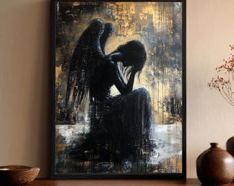 Cuadro de pared gótico sombrío de ángel oscuro, lámina de ángel caído, decoración académica en negro y dorado, acento espiritual para el hogar, regalo para amantes celestiales.