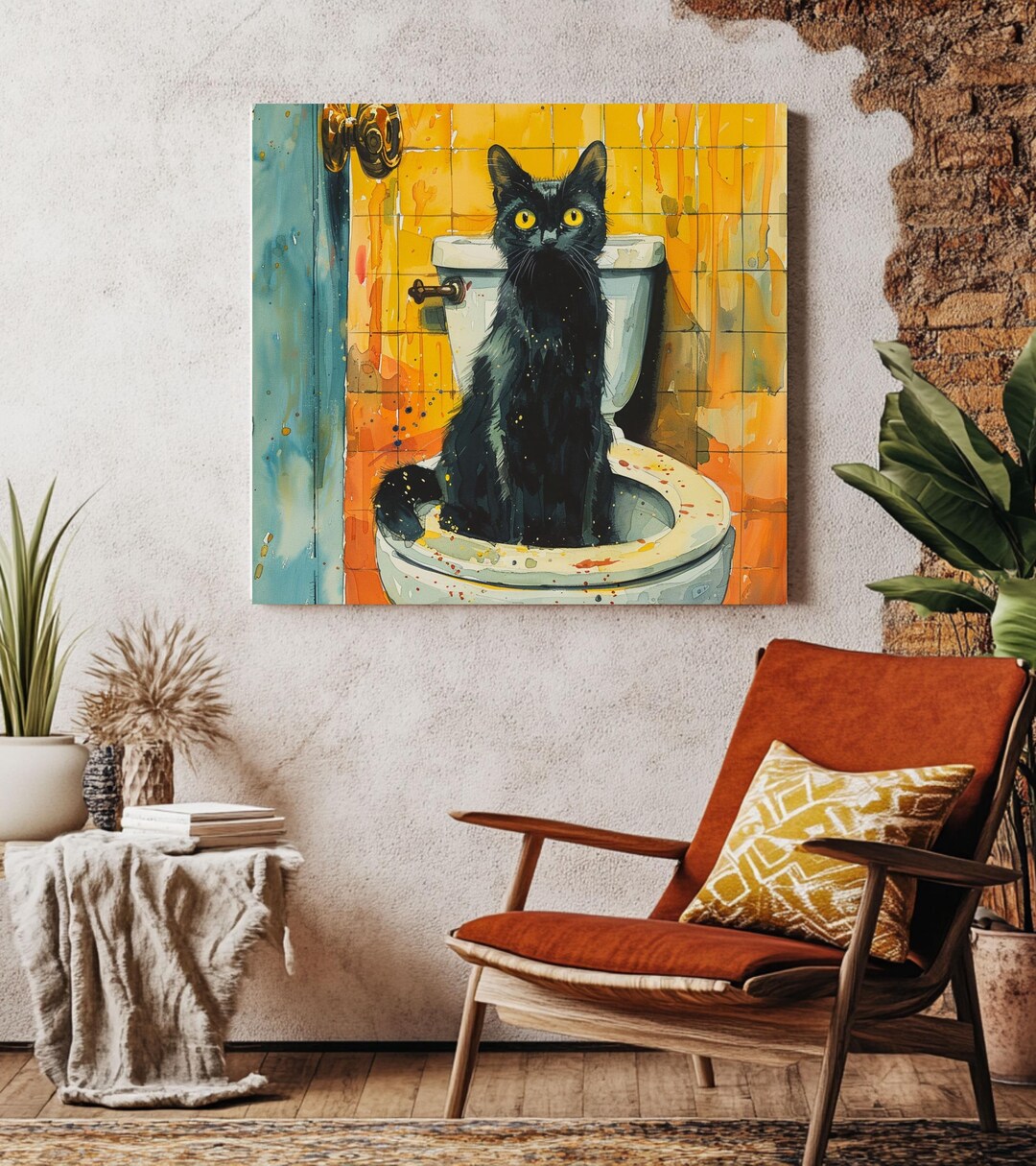 Funny Cat Bathroom Wall Art, Bathroom Art Print, Cat on Toilet Bathroom ...