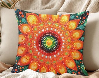 Mandala Sun Throw Pillow, Vibrant Boho Cushion, Colorful Spiritual Pillow Cover