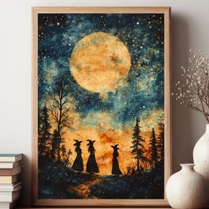 Witch Trio Wall Art, Golden Moon and Starry Night Framed Canvas, Enchanted Gothic Print, Halloween Home Decor, Witch Lover Seasonal Gift