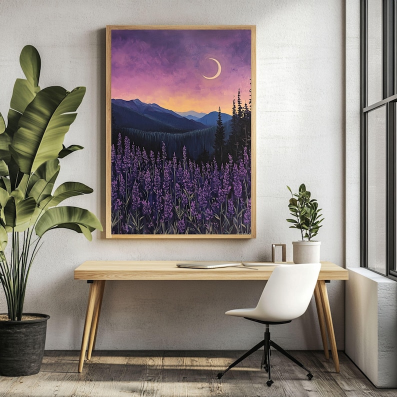 Lavender Moon Wooden Canvas Wall Art, Mountain Night Landscape Print, Purple Flower Field Decor, Tranquil Nature Accent image 3