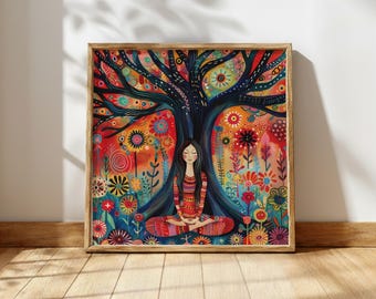 Meditation Tree Wall Art, Whimsical Boho Canvas, Colorful Spiritual Print, Mystical Goddess Artwork, Vibrant Nature Home Decor