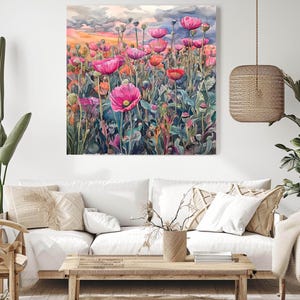 Vibrant Pink Poppies Wall Art Canvas, Poppy Field Wall Art, Ready to ...