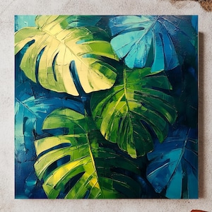 Monstera Leaves Wall Art, Oprawione płótno botaniczne, Wydruk roślin tropikalnych, Dekoracja ścienna z zielenią, Sztuka inspirowana naturą, Dekoracja z tropikalną naturą
