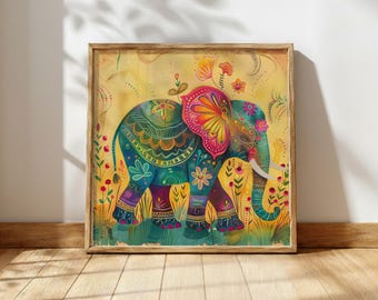 Whimsical Elephant Wall Art, Colorful Boho Jungle Canvas, Vibrant Floral Animal Print, Mystical Wildlife Artwork, Exotic Nature Decor