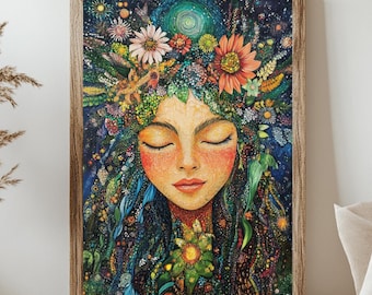 Boho Göttin Leinwand Wandkunst, Mutter Erde Druck Kunstwerk, spirituelle erdige Wohnkultur, mystische erdige Druck für Wohnzimmer Schlafzimmer