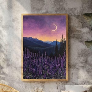 Lavender Moon Wooden Canvas Wall Art, Mountain Night Landscape Print, Purple Flower Field Decor, Tranquil Nature Accent image 1