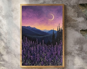 May include: A rectangular wall art print in a wooden frame featuring a landscape painting of a field of purple lavender flowers in the foreground, dark evergreen trees, layered blue mountains, and a crescent moon in a purple and orange sunset sky.