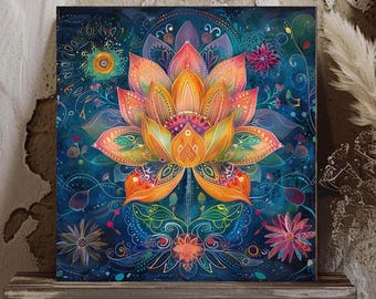 Vibrant Lotus Flower Canvas Wall Art, Intricate Mandala Pattern Wall Decor, Boho Zen Spiritual Home Decor Artwork