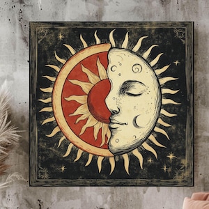 Vintage Celestial Moon and Sun Canvas, Ready To Hang Decor, Sun Framed Wall Art, Large Bedroom Wall Art, Above Bed Art, Moon Wall Print