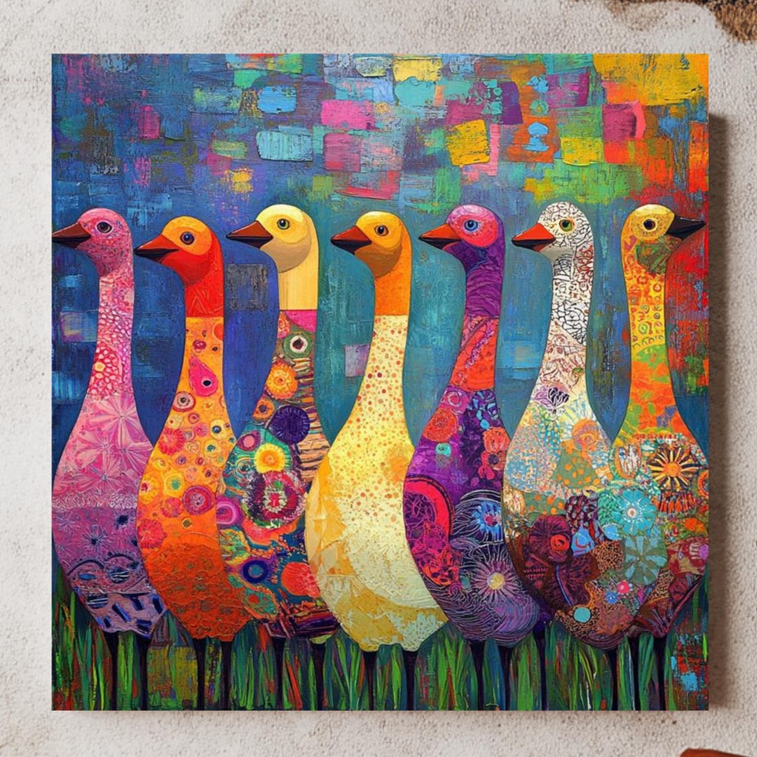 Funky Geese Framed Wall Art Print, Colorful Geese Print Abstract ...