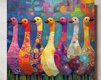 Funky Geese Framed Wall Art Print, Colorful Geese Print Abstract, Unique Nature Decor, Art Deco Geese Painting