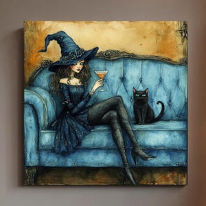 魔女と黒猫のハロウィンウォールアート、ゴシックオカルトキャンバス、ダークウィッチポスター、額入りキャンバス、神秘的なアートプリント、不気味な魔女風装飾