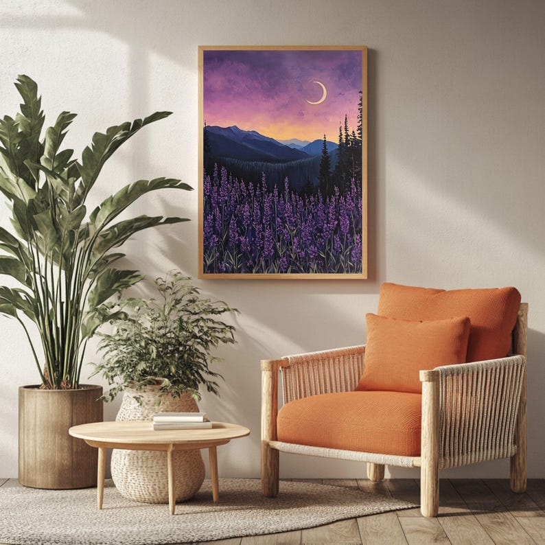 Lavender Moon Wooden Canvas Wall Art, Mountain Night Landscape Print, Purple Flower Field Decor, Tranquil Nature Accent image 2