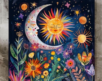 Celestial Floral Wall Art, New Home Gift, Cosmic Art Digital Print, Sun and Moon Poster, Mystical Decor, Boho Wall Decor, Celestial Print