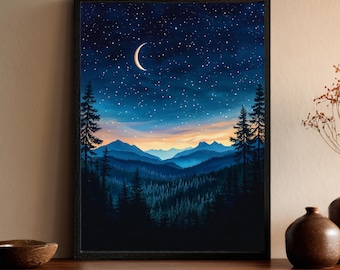 May include: A framed vertical wall art print depicting a night landscape with a crescent moon and a dense field of stars above dark blue silhouettes of pine trees and distant mountain ranges with a soft orange glow at the horizon line.