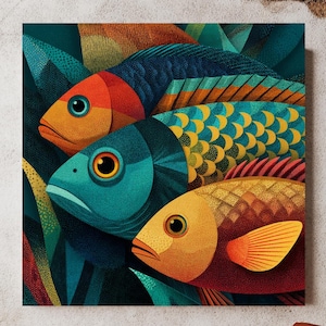 Vintage Colored Fish Wall Art, Framed Ocean Print, Coastal Home Decor, Nautical Fish Canvas, Beach House Wall Art, Ocean-Inspired Print