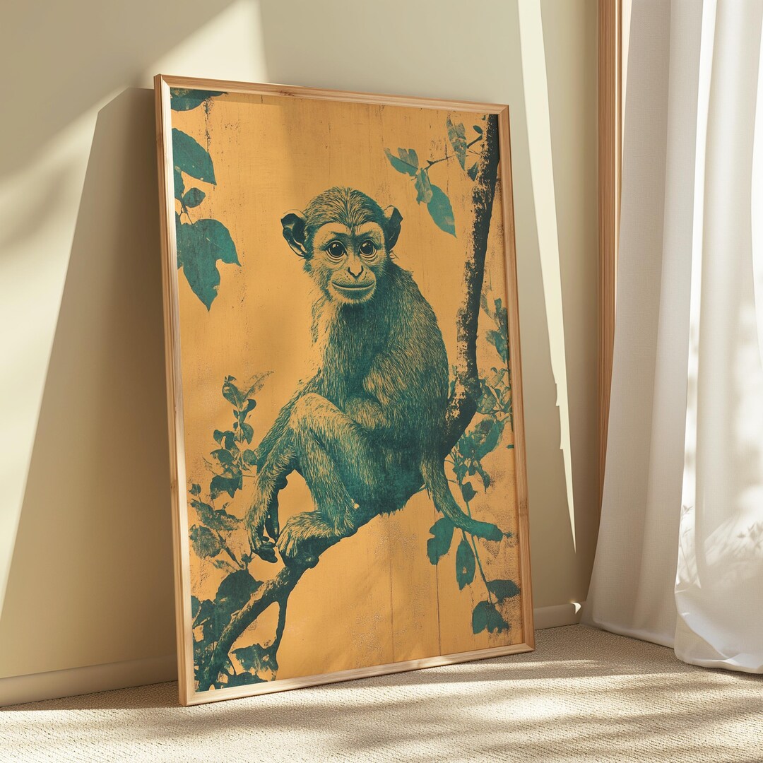 Rustic Monkeys Vintage Monkey Wall Art, Retro Jungle Animal Framed Canvas, Playful ...