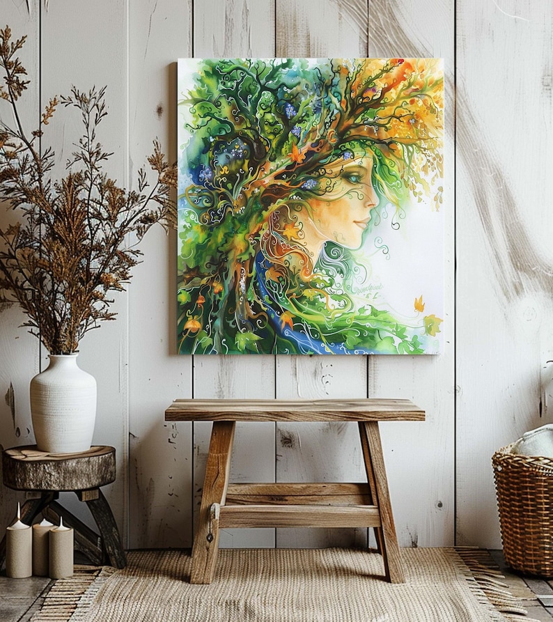 Mother Nature Goddess Framed Wall Art Canvas, Mother Gaia Earth Artwork, Pagan Forest Spirit Print, Mystical Nature Art image 2