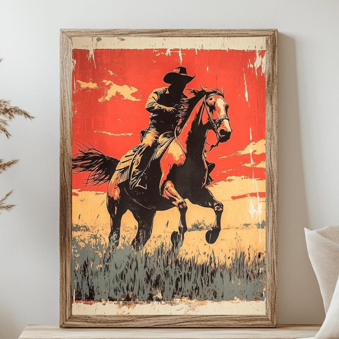 Vintage Cowboy Riding Canvas, Western Framed Wall Art Print, Rustic ...