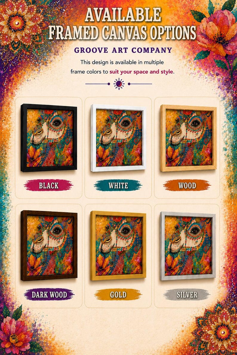 The image is an advertisement for framed canvas options from the Groove Art Company, showcasing various frame colors and styles.