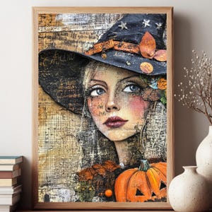 Autumn Witch Portrait Wall Art, Rustic Halloween Framed Canvas, Jack-o’-Lantern Pumpkin Print, Vintage Spooky Home Decor, Witchy Gift Idea