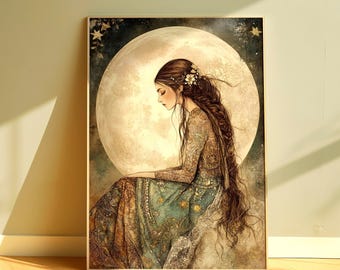 Moon Goddess Wall Art, Mystical Woman Framed Canvas, Vintage Celestial Lady Print, Enchanted Full Moon Portrait, Boho Fantasy Home Decor