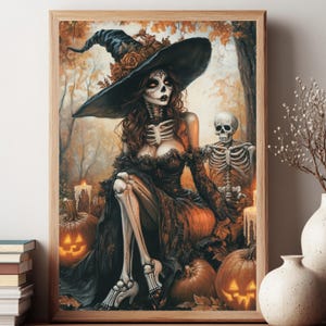 Gothic Witch Wall Art, Pumpkin Skeleton Framed Canvas, Spooky Autumn Witch Print, Dark Fantasy Decor, Halloween Home Accent, Gift For Her