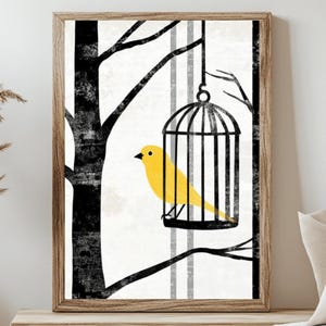 Arte enmarcado de canario amarillo, decoración de pared inspirada en la naturaleza, arte de pared con marco de madera natural, impresión de póster para dormitorio, lienzo enmarcado, arte de pared para dormitorio