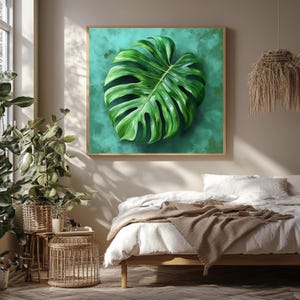 Green Monstera Framed Wall Art, Framed Botanical Canvas, Tropical Leaf Print, Modern Plant Wall Decor, Nature Inspired Print, Leaf Home Art