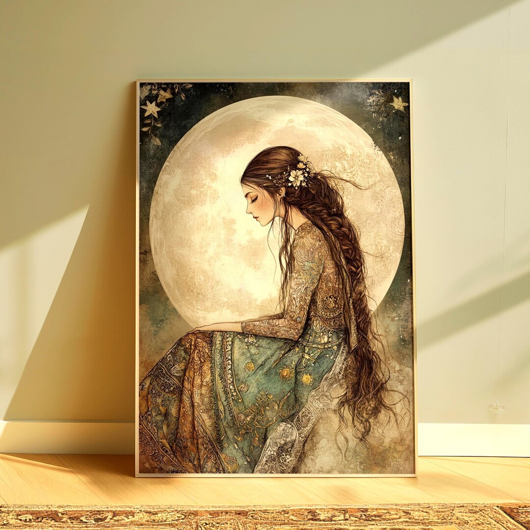 Moon Goddess Wall Art, Mystical Woman Framed Canvas, Vintage Celestial ...