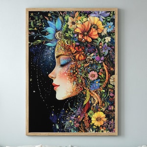 Floral Goddess Framed Canvas, Celestial Boho Decor, Wooden Framed Canvas, Natural Wood Frame Canvas, Floral Woman Wall Canvas, Framed Art