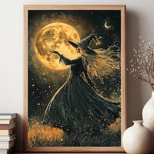 Golden Moon Witch Wall Art, Enchanted Night Framed Canvas, Starry Night Decor, Mystical Halloween Home Accent, Magical Gift for Witch Lovers