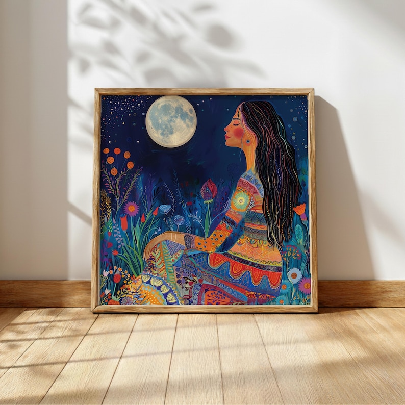 Moon Goddess Wall Art, Boho Celestial Canvas, Mystical Night Sky Print, Spiritual Moonlight Woman Artwork, Vibrant Nature Decor image 1
