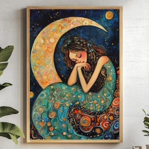 Moon Goddess Framed Art, Celestial Framed Canvas, Mystical Woman Framed Art, Wooden Framed Art, Natural Wood Frame Canvas, Dorm Decor